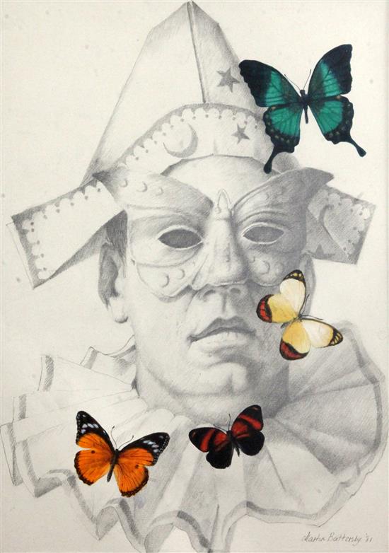 Martin Battersby (1914-1982) Pierrot & butterflies 17 x 12in.